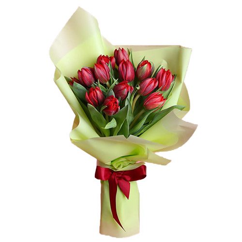 Фото товара 15 красных тюльпанов в зелёной упаковке в Харькове