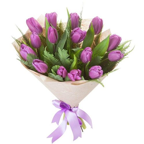 Фото товара 15 фиолетовых тюльпанов с декором в Харькове