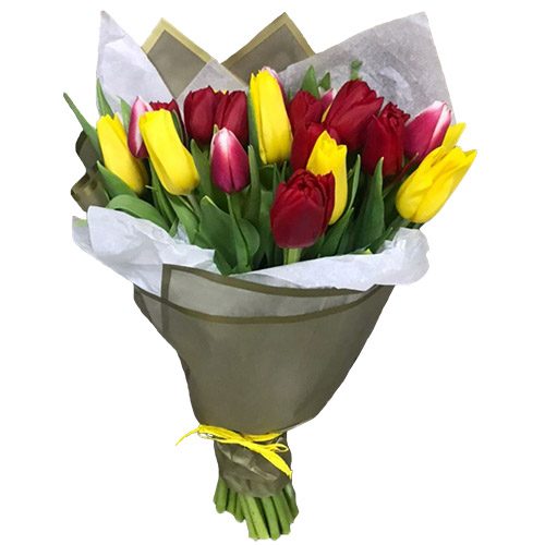 Фото товара 21 красно-жёлтый тюльпан в двойной упаковке в Харькове